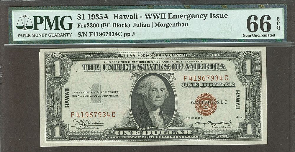 Fr.2300, 1935A $1 Hawaii WWII Emergency Issue Silver Certificate, Rare F-C Block, GemCU, PMG66-EPQ